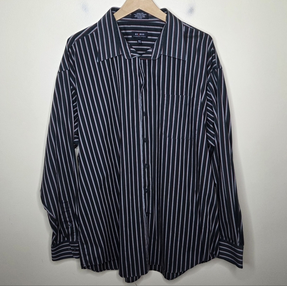 Axcess Black Red Gray Striped Wrinkle Free Button Front Shirt Size 18.5 36-37
